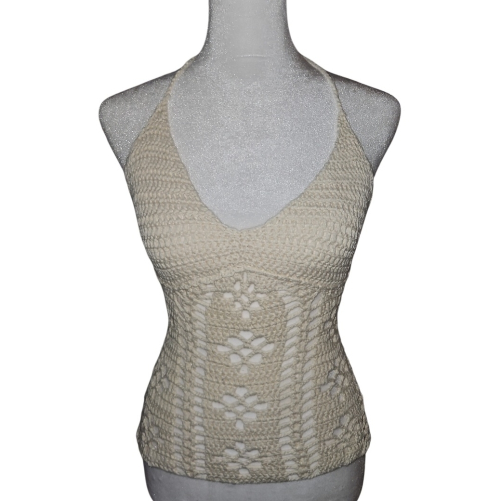 Hand Crafted Crochet Crop-Top Handmade Floral pattern Swim cover-up Cream #752 - Picture 5 of 17
